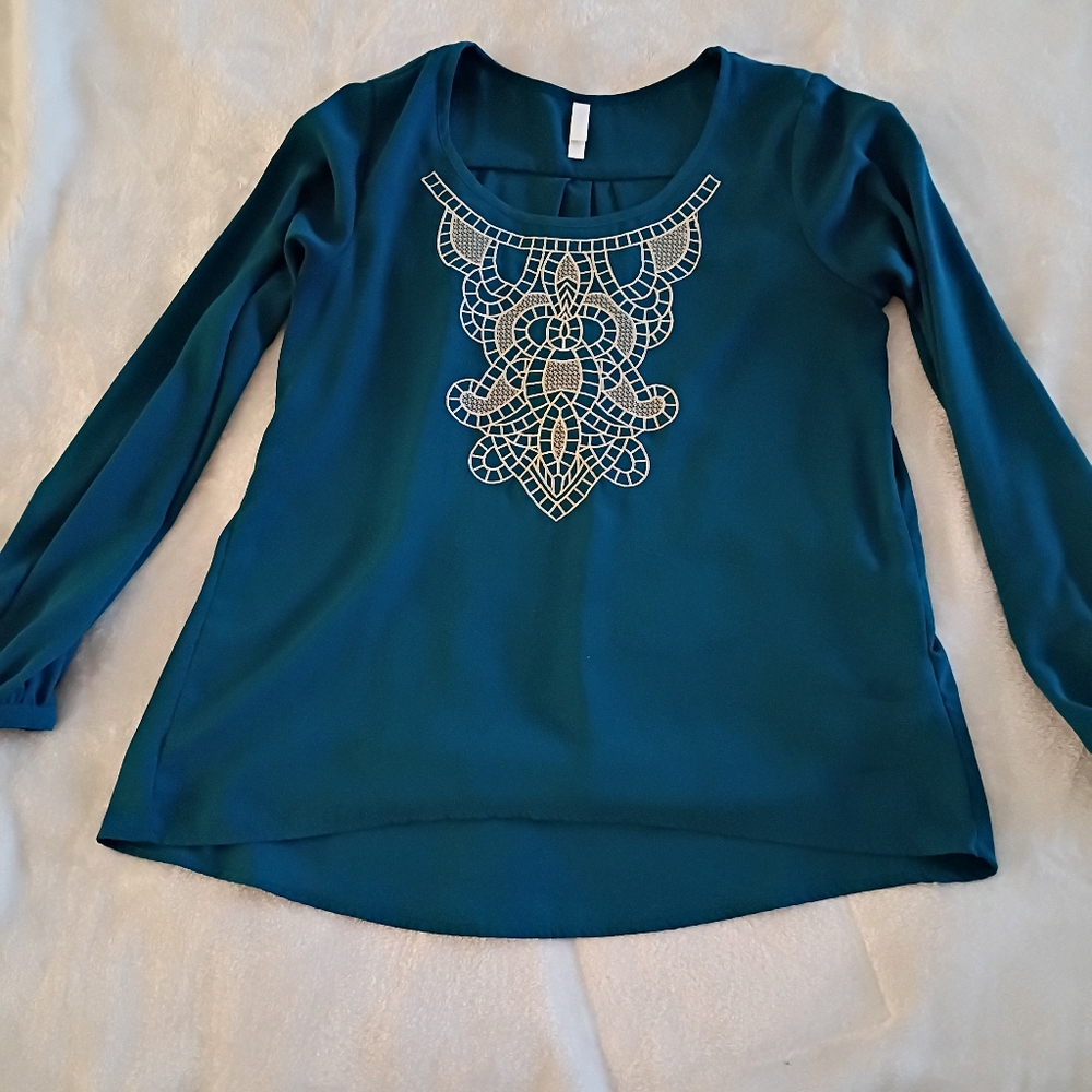 Teal Long Sleeve Top with Intricate Design